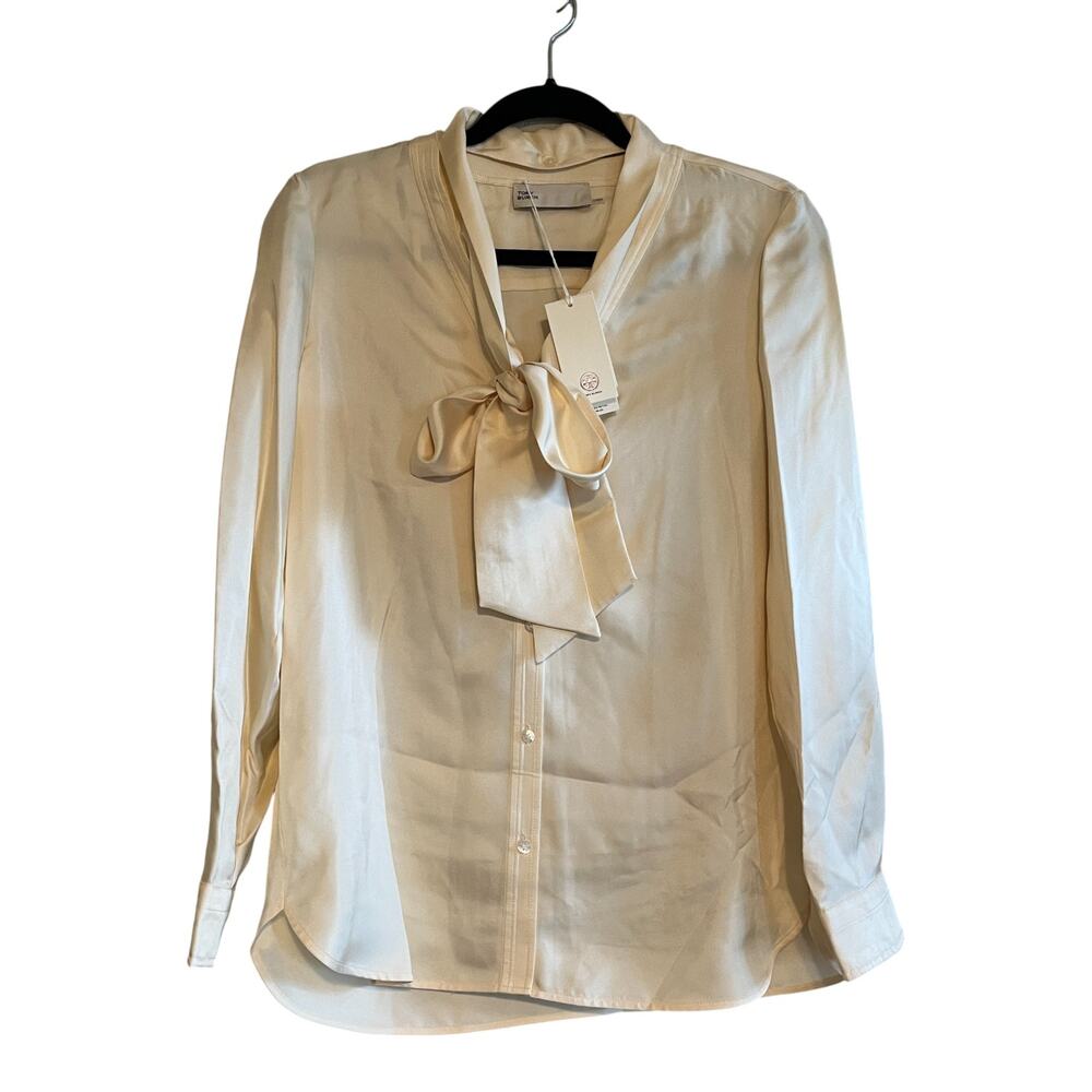 Tory Burch Silk Bow Long Sleeve Blouse French Cream Size 4 - Picture 2 of 10